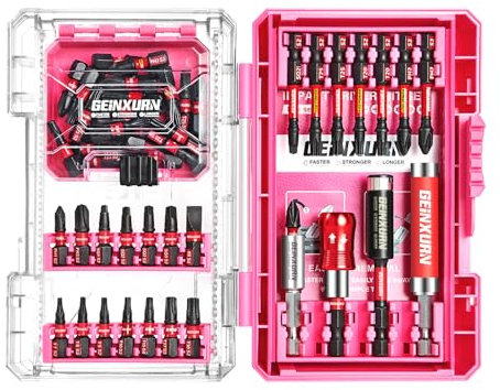 Geinxurn 56Pieces Impact Screwdriver Bits Set, Magnetic S2 Steel Phillips/Slotted/Square/Torx Insert Power Bits Tips, Impact Bit Holder with Pink Storage Box Case