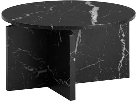 Wohnling Couchtisch 60x60x33 cm Schwarz Sofatisch in Marmor-Optik Modern, Design Wohnzimmertisch Rund, Loungetisch Klein, Kaffeetisch Beistelltisch