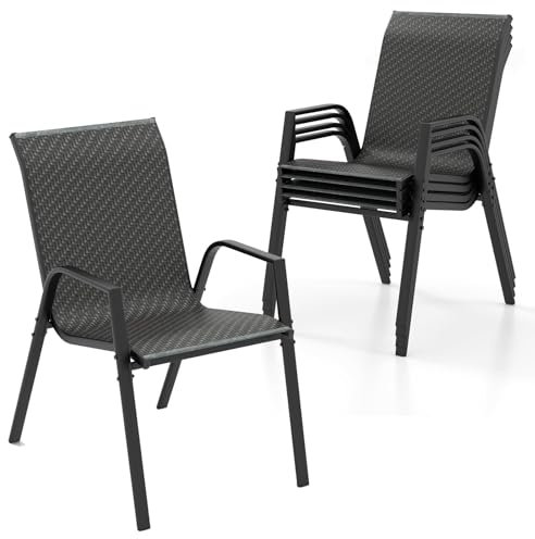 COSTWAY 4er Set Gartenstühle stapelbar, Stapelstühle aus PE-Rattan, Terrassenstühle mit Armlehnen, für Garten, Terrasse, Balkon, 51 x 66 x 84 cm