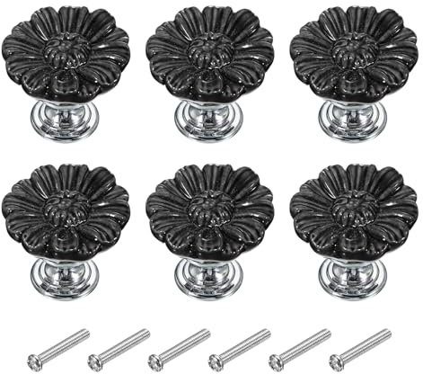 PATIKIL Vintage Floral Knobs, 6 Pcs Ceramic & Zinc Alloy Round Drawer Knobs, Black, 1-5/16 Diameter, Suitable for Kitchen, Bathroom, Cupboard & Wardrobe