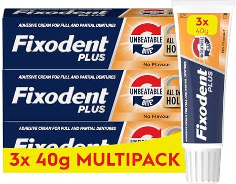 Fixodent Plus Unbeatable Bite Denture Adhesive, Flavour Free 40g (Pack of 3)