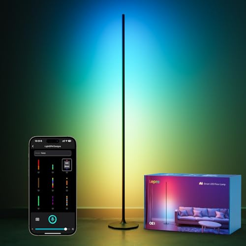 Lepro OE1 AI Smart Floor Lamp, 1000lm RGB+IC & Warm White LED Corner Light | Music Sync, Works with Alexa, 2.4G WiFi, App Control, AI Lighting, Dimmable Standing Lamp for Living Room, Bedroom, Black