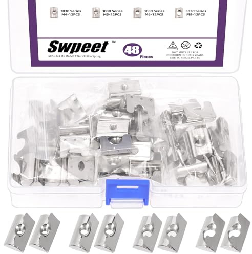 Swpeet 48pcs 4 Größen 3030 Serie M4 M5 M6 M8 Vernickelt Kohlenstoffstahl Rolle in Feder T-Muttern mit Federblech Sortiment Kit, Rolle in T-Muttern mit Blech für 3030 Aluminiumprofile