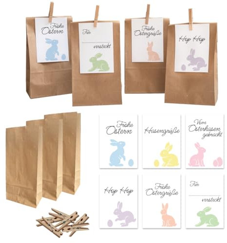 PuK Oster-Tüten Set | 6 Kraftpapier Tüten mit Klammern & liebevoll gestalteten Osterkarten | Geschenktüten für Ostern & kleine Überraschungen (Pastell, 6)