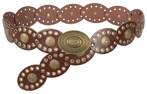 Breiter Scheibengürtel für Damen – PU-Leder mit ausgehöhlten runden Gürteln, Vintage, Western-, Cowboy-, Cowgirl-Taillengürtel, Dunkelbraun, For 31-34 Waist