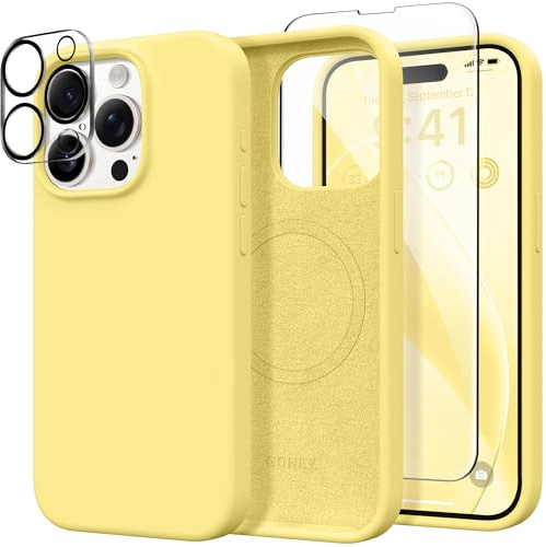 GONEZ Magnetic for iPhone 15 Pro Case, [Compatible with MagSafe] Anti-Scratch Microfiber Lining & Screen Protector, Shockproof Slim Phone Silicone Cover 6.1 inch, Yellow