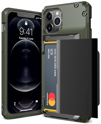 VRS DESIGN Damda Glide Pro Handyhülle für iPhone 12/12 Pro, mit [4 Karten], hochwertig, stabil, halbautomatisch, Kreditkartenschlitz, Brieftasche für iPhone 12/12 Pro 6,1 Zoll (2020), Logo, Grün