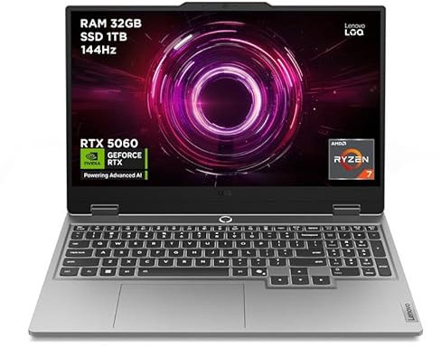 Lenovo LOQ 15AHP10 - Ordinateur Portable 15.6'' FHD (AMD Ryzen 7 250, RAM 32Go, SSD 1To, NVIDIA RTX 5060 8GB, sans Système d'Exploitation) Clavier rétroéclairé AZERTY Français - Gris