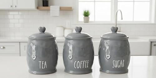 DEENZ Set Of 3 Durable Ceramic Tea, Coffee & Sugar Kitchen Storage Jars/Canisters Shabby Chic Engraved Love Heart Motif Geometric Lids Barrel Name Labelled Food Preservatives 12 X 12 X 17 Cm (GREY)