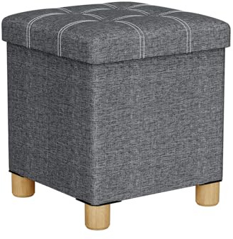 Oak & Tea Storage Ottoman With Legs, Linen Footstool, Dark Grey