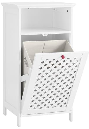 SoBuy Badezimmerschrank mit Wäschekorb & Offenem Fach – Wäscheschrank, Badschrank aus Holz MDF, Badmöbel mit Geflochtenen Türen & ausklappbarem Wäschesack Weiß 45x41,5x87cm BZR211-W