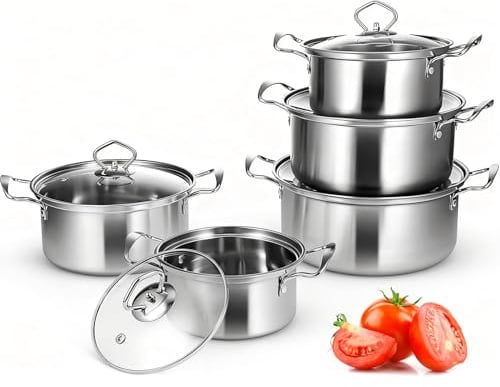 Topfset Induktion 10-Teilig, Topfset aus Edelstahl mit Glasdeckel und Stielkasserolle, Induktions Töpfe set, für alle Herdarten, unbeschichtet,Induktion Topf Kochtopf Set
