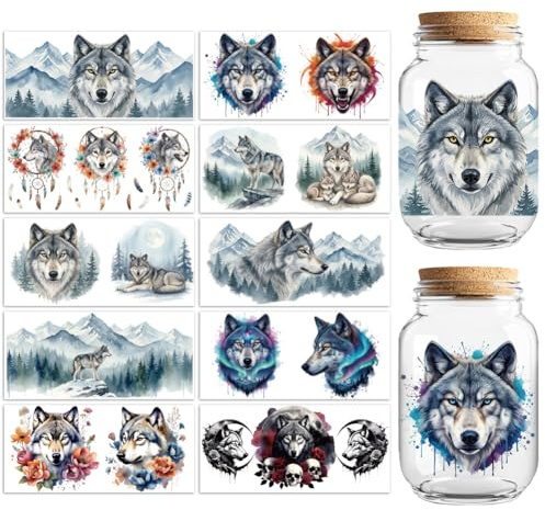 Peacoblue UV DTF Becherfolie,Wolf & Traumfänger Rub on Transferaufkleber | 10 Blatt wasserfeste Transfersticker für 16oz Becher, Tassen, Flaschen und Gläser, DIY Dekoration für Damen und Herren