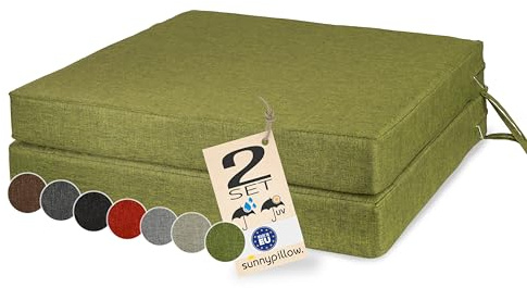 sunnypillow 2er Set Stuhlkissen 40x40cm wasserdicht UV-lichtecht, Grün | Outdoor Polsterauflage mit Bändern, Auflage für Stühle,Bänke, Sitzkissen Stuhlauflage für Haus und Garten, 7cm dick