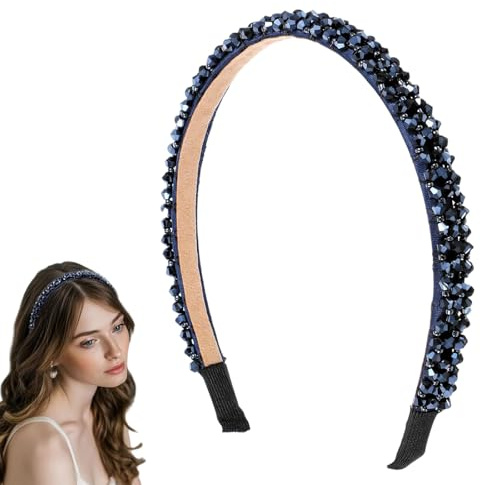 Kristall serre-tête en strass pour femmes et filles, élégant bandeau scintillant avec perles, accessoires capillaires, serre-tête rembourré (Bleu marine)