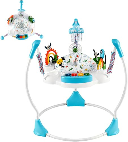 GYMAX Baby Jumpers & Bouncers, Interactive Baby Jumperoo Activity Center with 360° Rotary Seat, 3 Adjustable Heights, Music, Lights, Interactive Toys, Toddler Bouncer for 6 Months+ (Blue)