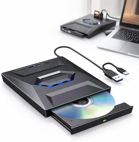 7-in-1 Externes USB-DVD-Laufwerk und Blu-ray-Player, USB C 3.0 Typ-C tragbarer BD/DVD/CD-Brenner, Lesegerät mit 3 USB-Anschlüssen, Hub und SD/TF-Kartenleser, 6 x optisches Blu-ray-Laufwerk für Laptop