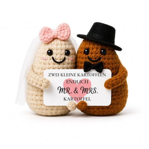 Gehäkelte Mr & Mrs Kartoffeln Geschenk Hochzeit Deko für Brautpaar | Handgemachtes Häkel-Kartoffel-Set mit Brautschleier und Zylinder. Süße Dekoration für frisch Vermählte aus weicher Baumwolle.