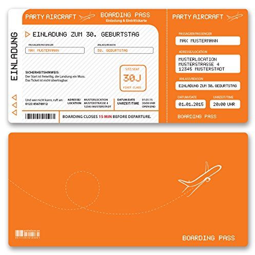 (10 x) Einladungskarten Geburtstag Flugticket Ticket Karte Einladungen in Orange