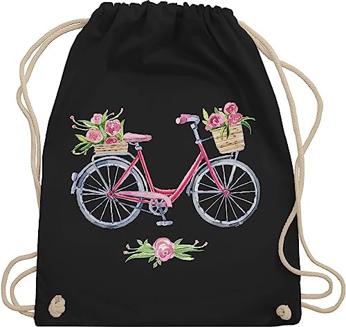Turnbeutel Rucksack - Retro - Vintage Fahrrad Wasserfarbe Blumen - Unisize - Schwarz - radfahren geschenke kunst bike stoffrucksack geschenkideen für radfahrer art fahrrd beutelrucksäcke geschenk