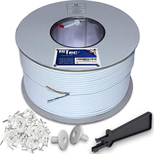 1STec 200m Genuine BT CW1308 6 Core 3 Twisted Pair Telephone Master or extension Socket FTTC Broadband Extension Wire with 2 Grommets IDC Insertion Tool 4mm Clips Printed Instructions 200 Metre White