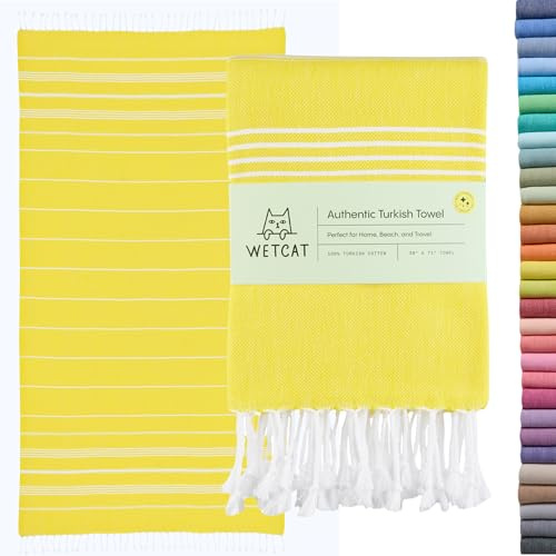 WETCAT Türkisches Strandtuch, 100% Baumwolle, sandfrei, schnell trocknend, extra groß, leicht, Reisehandtuch für Erwachsene, Strandzubehör, Geschenk (Gelb, 96,5 x 180,3 cm)
