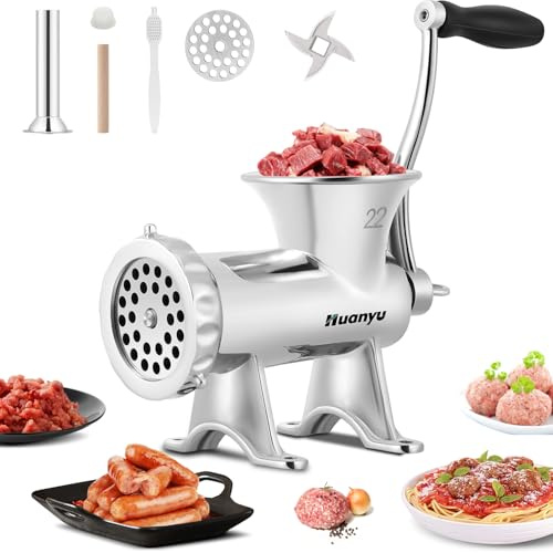 Huanyu Edelstahl Fleischwolf Manuell Fleischwölfe Wurstfüller Gr. 22 Drehwolf Hand Wurstfüllmaschine für Schweinefleisch, Rindfleisch, Fisch, Pfeffer, Pilze, Bohnen