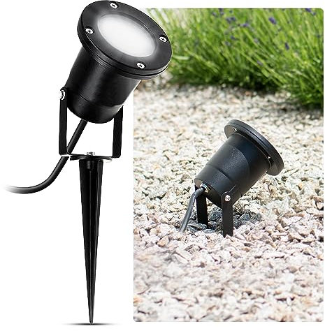SSC-LUXon LED Gartenleuchte Strahler mit Erdspieß für außen in schwarz - mit 3W GU10 LED neutralweiß - Rasenstrahler Kopf schwenkbar