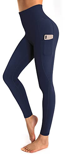 OUGES Damen Sport Leggings High Waist Leggins Yogahose Blickdichte Sporthose mit Taschen (Marine,L)