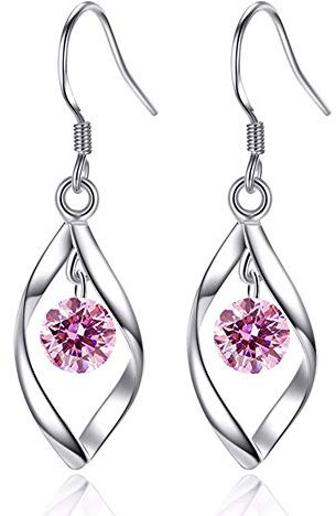 Zolkamery Silver Drop Earrings, 925 Sterling Silver Drop Earrings for Women, Teardrop Twist Dangle Earrings with Pink 5A Zircon, White Gold Dangly Hook Earrings for Ladies, Gifts for Girls Birthday