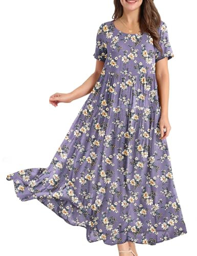 YESNO Women Dresses Casual Plus Size Bohemian Short Sleeve Floral Long Maxi Summer Beach Swing Dress/Pockets XL EJFUK CR8