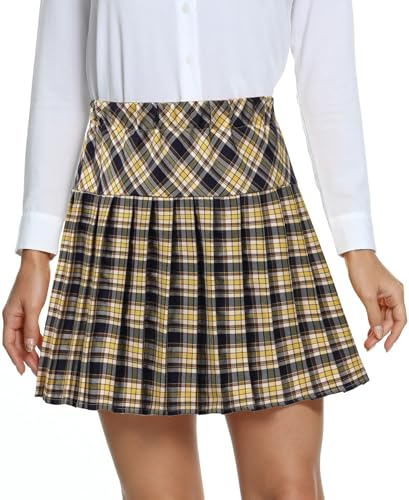 Damen Schule Stil Elastische High Taille Faltenrock A-Linie Kariert Tennis Mini Röcke mit Kurze Hosen