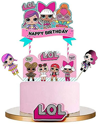 LOL Cake Toppers,5 PCS LOL Happy Birthday Party Supplies LOL Cupcake Picks LOL Pink Cake Decorations for Girls Kids Adults