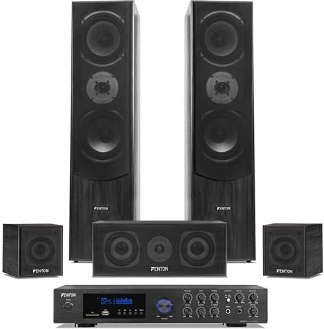 Fenton Cine en Casa 5.1 Bluetooth 510W - Equipo Completo con Amplificador, Altavoces Madera, Karaoke con Entradas Mic, Reproductor MP3 USB, Sonido Envolvente para Películas, Música y Juegos