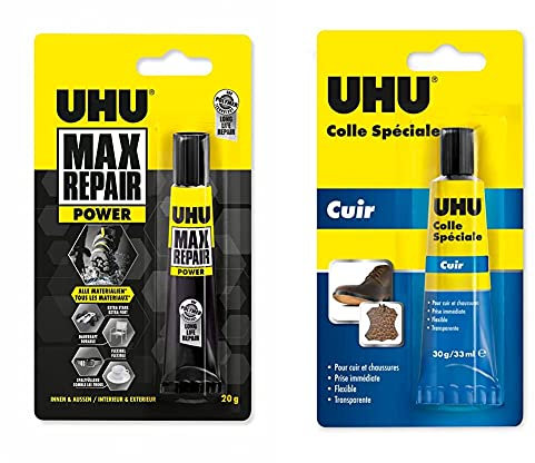 UHU Max Repair, Colle de réparation, Transparent & Colle Spéciale Cuir & Chaussures 30g/33ml, Idéale pour réparer les semelles usées, les talons et les trous présents sur les côtés