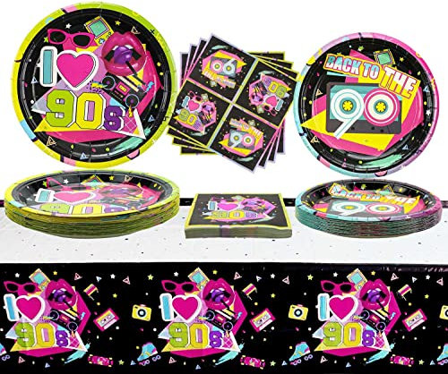 90s Party Supplies - 122 Pcs 90s Plates Napkins Tablecloth Set, for Back to the 90s Party Decorations, 90s Theme Birthday Party Supplies - Serves 40