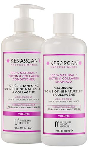 Kerargan - Duo Volumisant Shampoing & Après-shampoing à la Biotine & Collagène Cheveux Plats, Fins et Ternes - Booste Brillance & Structure - Sans Sulfate, OGM, Silicone, Huile Minérale - 2x500ml
