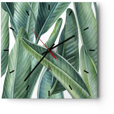 Modern Wanduhr Exotisch Blätter Grün 40x40cm Quadrat Groß Wand Uhr Glas Analog Zimmeruhren Küche Büro Wohnzimmer Glasuhr Wall Clock Dekoration Design Wanddekoration Küchenuhr C3AC40x40-4258