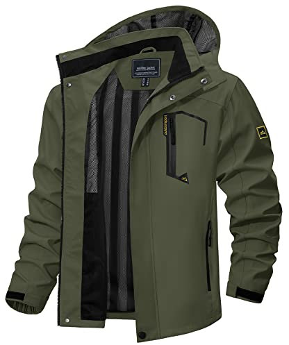 TACVASEN Übergangsjacke Herren Regenjacke Wasserabweisend Funktionsjacke Atmungsaktiv Windjacke Hoodies (XXL, Armeegrün)