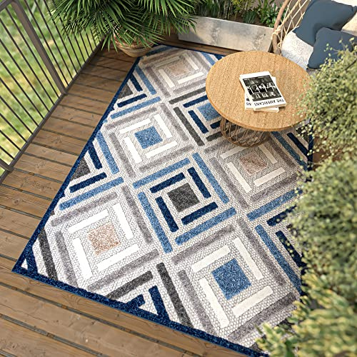 Mazovia In-& Outdoor Teppich Balkon 80x150cm Anthrazit Blau Raute Kurzflor | In-& Outdoor Teppich für Wohnzimmer Schlafzimmer Terrasse Büro Wetterfest Pflegeleicht UV-Beständig Tierfreundlich Robust