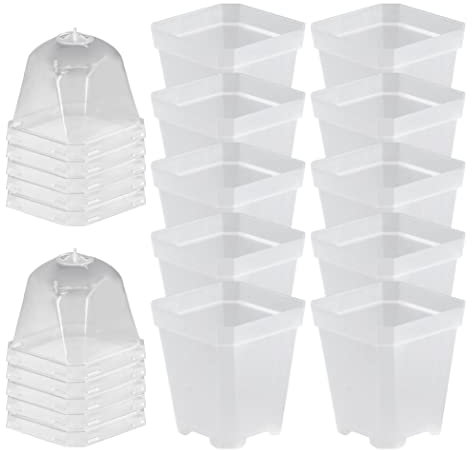 Flower Pots, Clear Nursery Plant Pot Plastic Clear Flower Pot Seed Pot with Humidity Dome for Garden Supply 10PCS