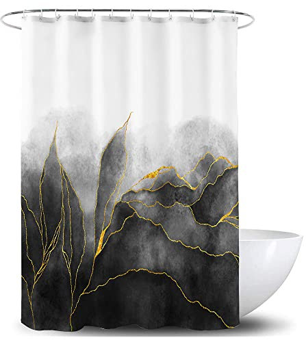 De-Mediocre Rideau de douche noir et doré élégant ombré noir marbre salle de bain Art Decor Rideaux abstraits feuilles dorées en tissu polyester imperméable 183 x 183 cm