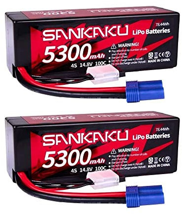 SANKAKU 14,8V Batterie LiPo 5300mAh 100C 4S Batterie Lithium Polymère Coque Rigide avec Prise EC5 pour véhicules,télécommandés,réservoir,Camion,Buggy,Voiture Racing Hobby 2 pièces