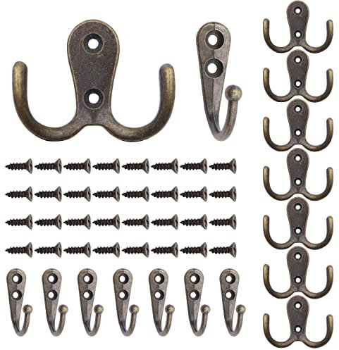 16 Pcs Coat Hooks, VEGCOO 8 Pcs Double Prong Robe Hooks & 8 Pcs Single Coat Hooks with 32 Screws for Door & Wall, Heavy Duty Metal Door Hooks Clothes Towel Hooks for Hanging Robe Coat Bag Hat (Bronze)