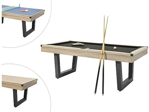 Vente-unique-Mesa multijuego - Billar y Ping-Pong - Color Natural Claro y Negro - Ancho 213,4 x Prof. 111,8 x Alt. 78,5 cm - MELIAN