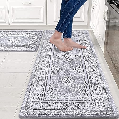 Yugarlibi Kitchen Mats Sets, 2 Piece PVC Memory Foam Kitchen Rugs Waterproof Non-slip Anti-Fatigue Oil-Resistant Kitchen Runner Washable, Easy To Clean Standing Mats for Kitchen Home 44x75+44x120cm