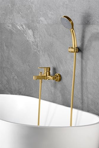 MICE- Grifería monomando de bañera y ducha hecha de latón - Juego de Grifo y Alcachofa para Bañera,Mezclador Monomando para Bañera con Ducha de Mano Oro Cepillado BDR001-4OC
