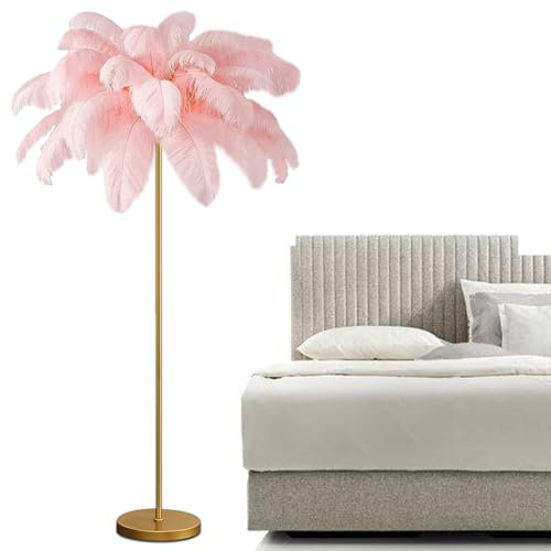 ANram Lampadaire à plumes 160 cm avec lampe LED G4, lampadaire avec plumes et interrupteur à pied, lampe de sol élégante autruche en plumes naturelles pour chambre à coucher, salon, rose clair