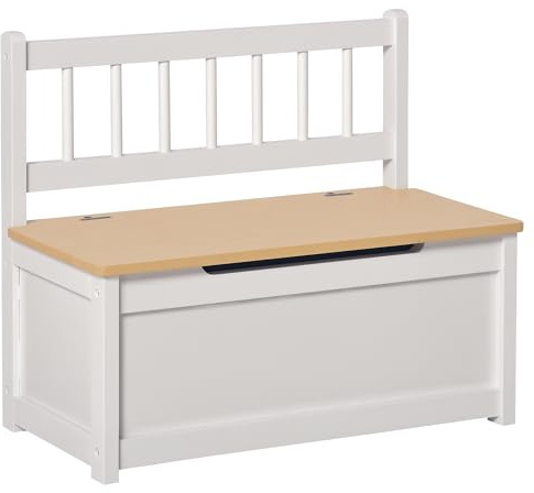 Qaba Toy Box Chest, Kids Storage Bench with Large 27 L Interior, Toy Organizer with Top Lid, and Backrest, Kids Bedroom Furniture for Nursery Room, Playroom, Bedroom, 24 x 12 x 20, White