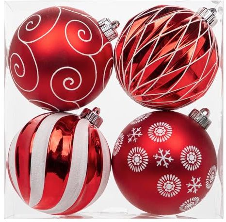 Ø12cm 4er-Set Weihnachtskugeln Große Kunststoff Christbaumkugeln Weihnachtsdeko Weihnachtsbaumschmuck Set Ornament Weihnachten Deko für Weihnachtsbaum Christbaumkugeln, Rot-Gold
